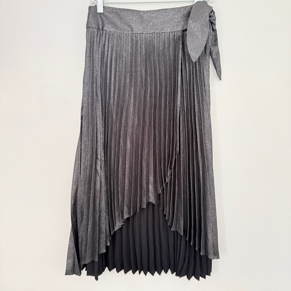 NWT White House Black Market Pleated Wrap Midi Skirt Metallic Black - Picture 4 of 7